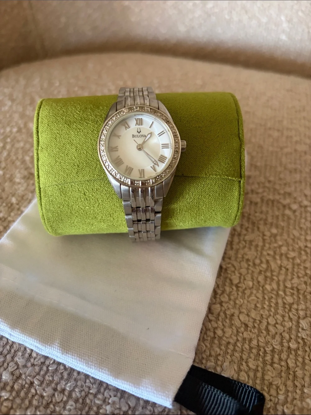 Bulova Silver Watch with White Dial and Crystal Bezel